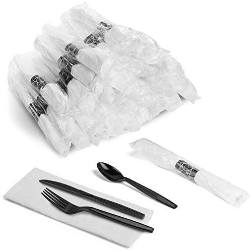 200 ct Pre Rolled Napkin with Plastic Silverware - Extra Heavy Duty Knife Fork Spoon Napkin Sets - Individually Wrapped Packets