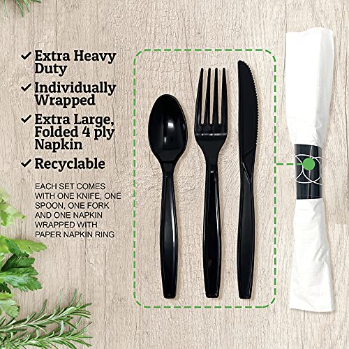 200 ct Pre Rolled Napkin with Plastic Silverware - Extra Heavy Duty Knife Fork Spoon Napkin Sets - Individually Wrapped Packets