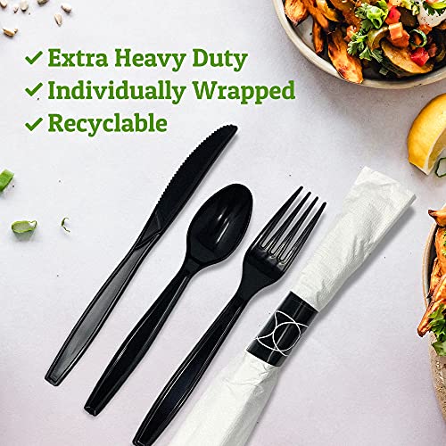 200 ct Pre Rolled Napkin with Plastic Silverware - Extra Heavy Duty Knife Fork Spoon Napkin Sets - Individually Wrapped Packets