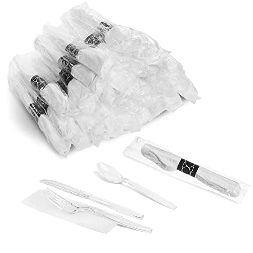 200 ct Pre Rolled Napkin with Plastic Silverware - Extra Heavy Duty Knife Fork Spoon Napkin Sets - Individually Wrapped Packets